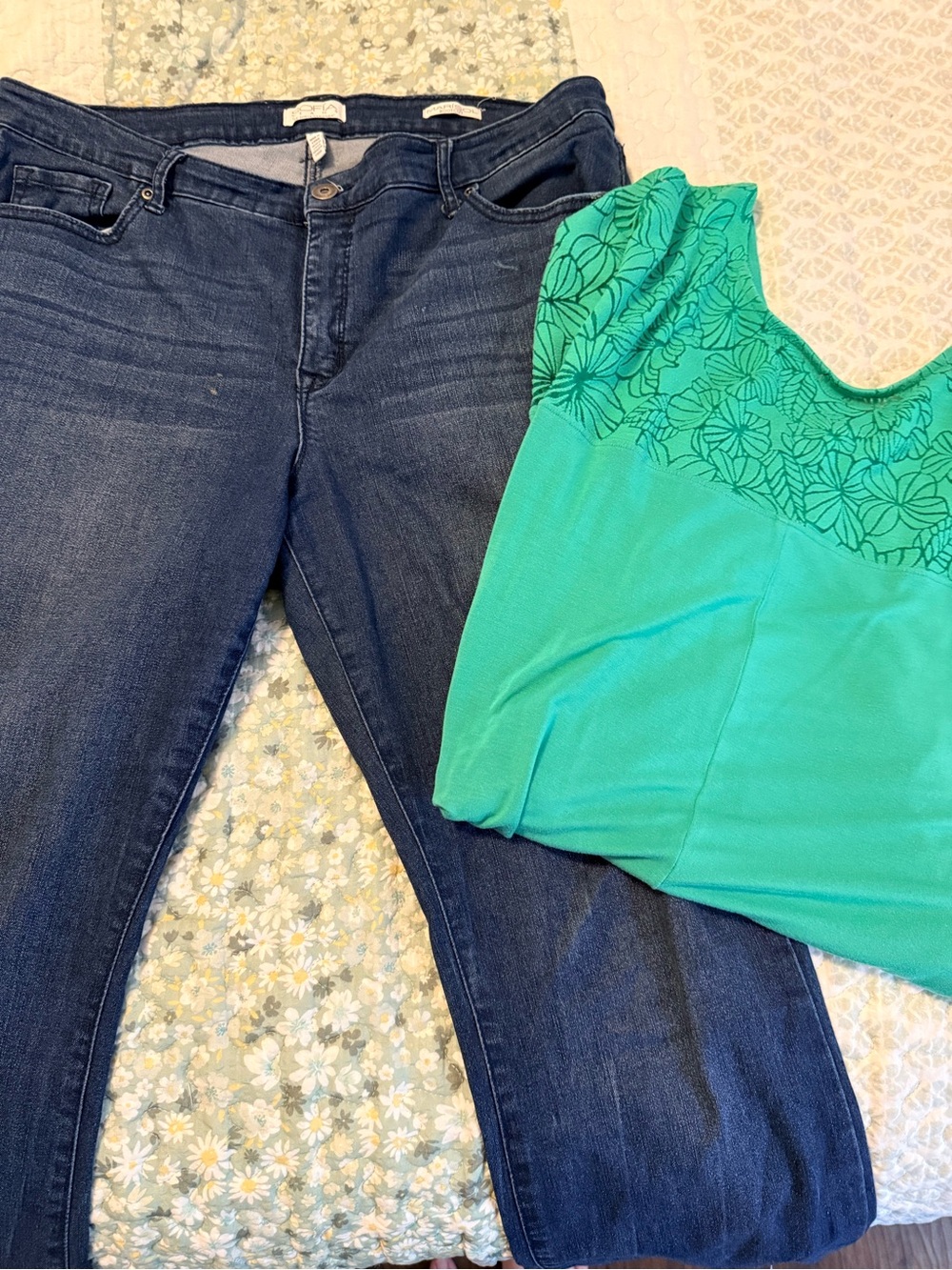 Women’s Boot Cut Jeans in Dark Indigo with Green Top